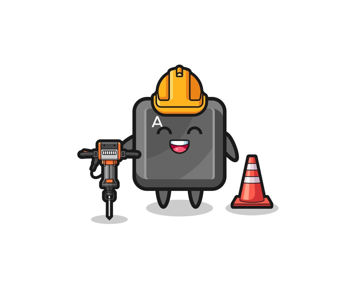 road worker mascot of keyboard button holding drill machine vector