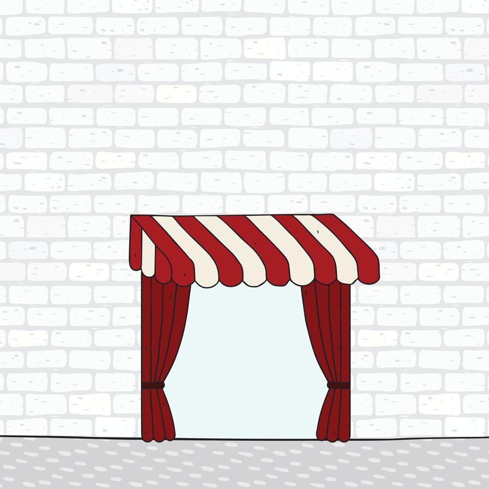 Hand drawn vector illustration of pattern white brick wall with awning. Red draped curtain.