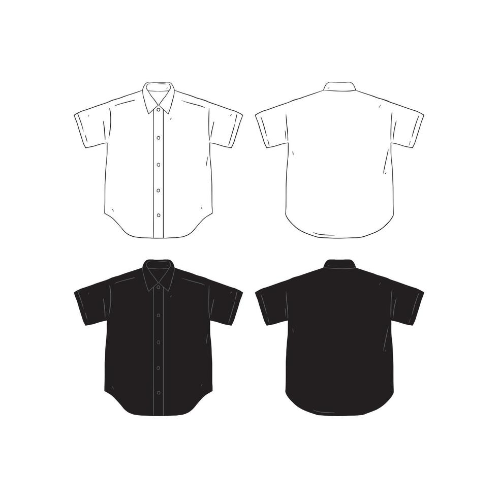 Set of blank short sleeve shirt design template hand drawn vector illustration. Front and back shirt sides. White and black male shirt on white background.