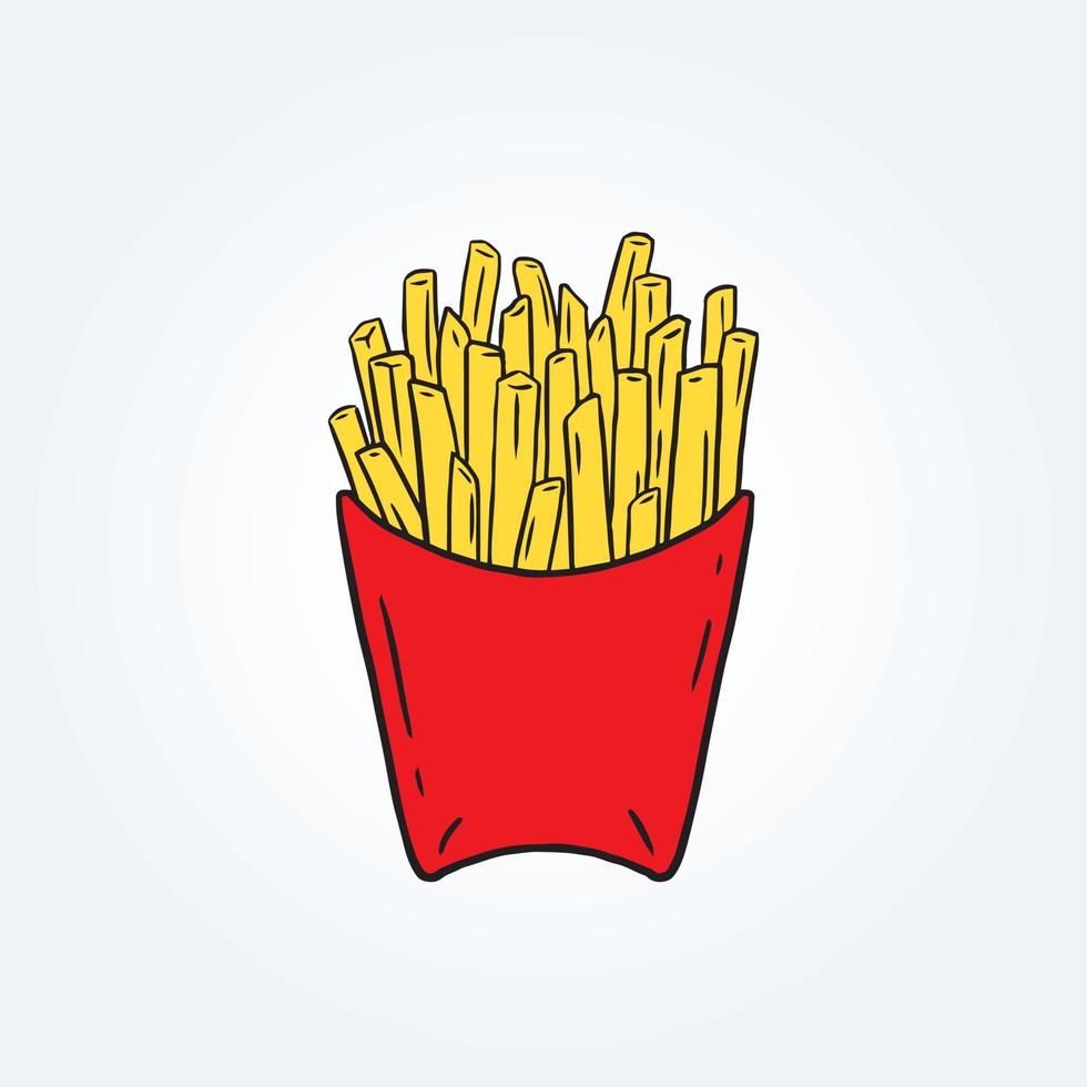 Hand drawn vector illustration of french fried potatoes in paper box.