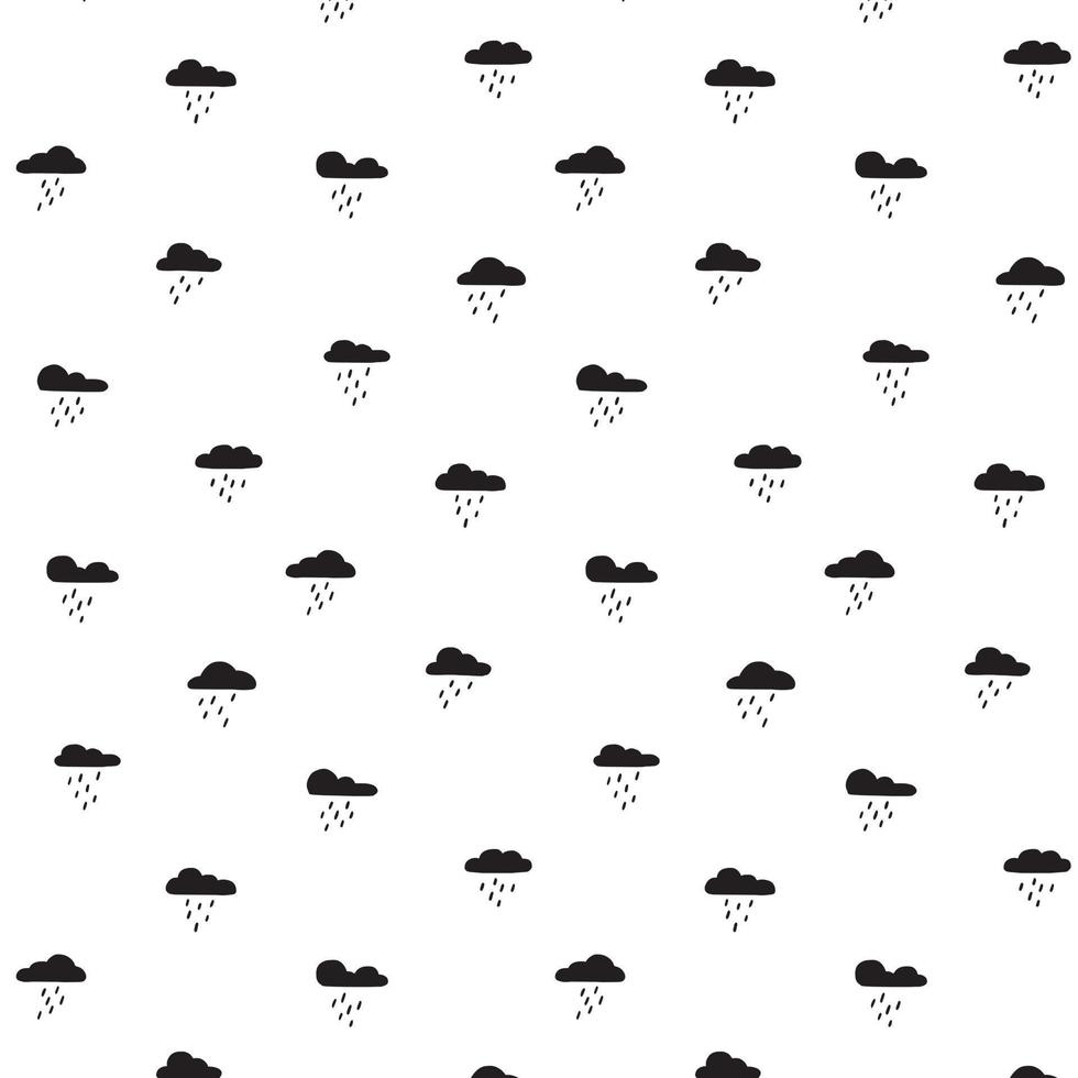 Hand drawn vector illustration of black cloud rain drops pattern.