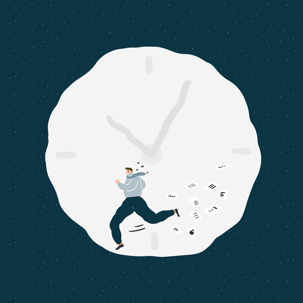 Hand drawn vector illustration of tired businessman running on time wheel with flying paper.