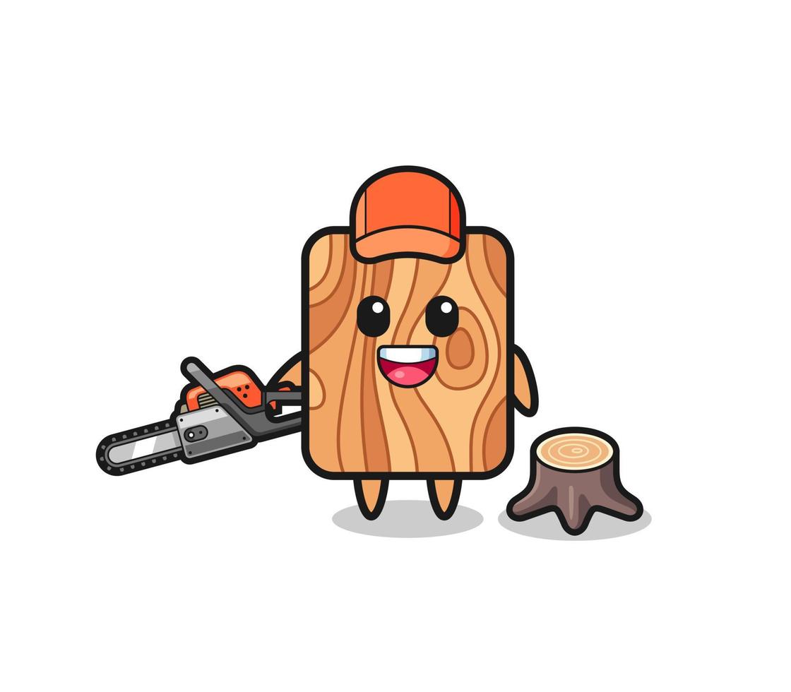 personaje de leñador de tablones de madera sosteniendo una motosierra vector