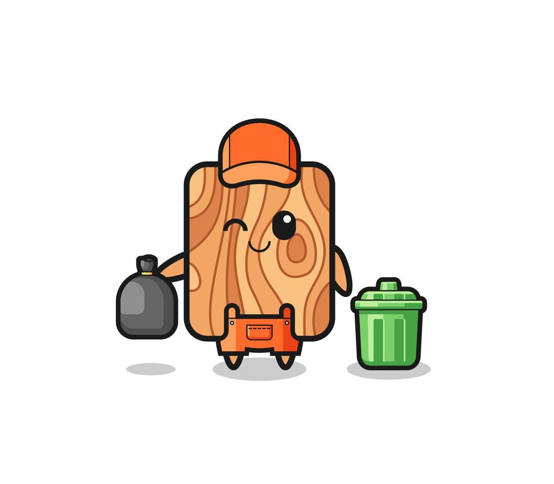 the mascot of cute plank wood as garbage collector vector