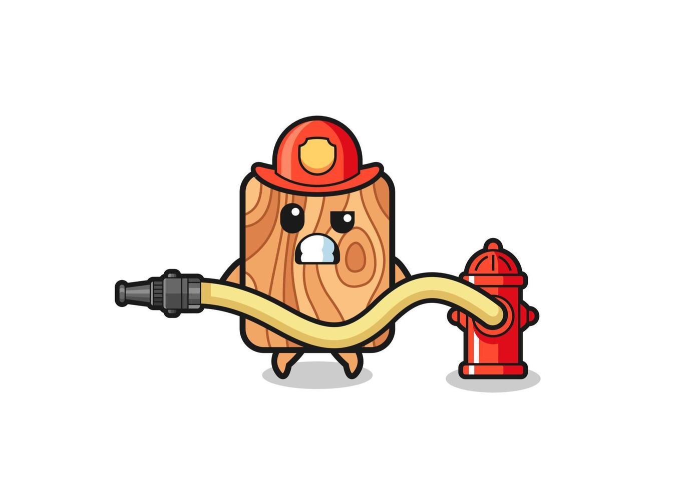dibujos animados de tablones de madera como mascota de bombero con manguera de agua vector