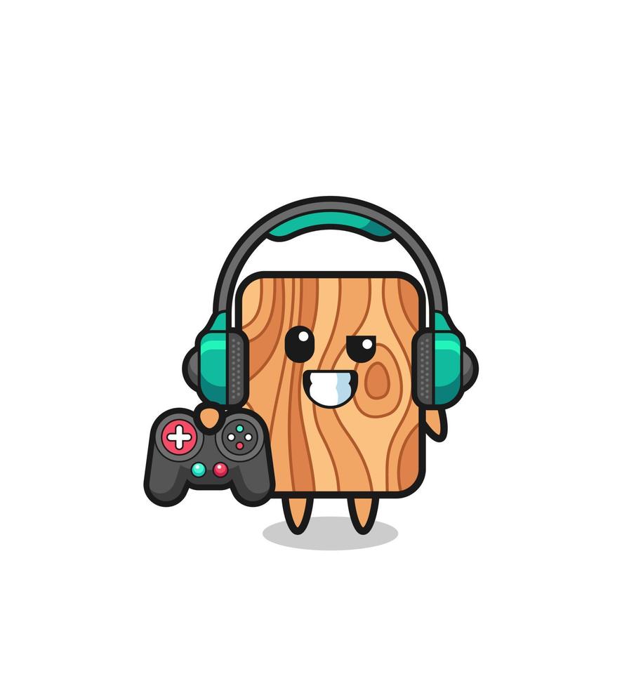 mascota de jugador de tablones de madera sosteniendo un controlador de juego vector