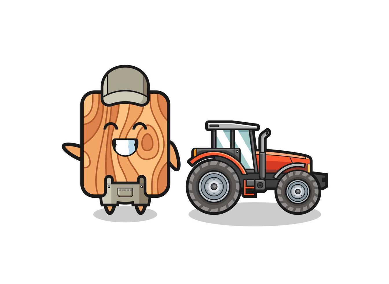 la mascota del granjero de tablones de madera de pie junto a un tractor vector