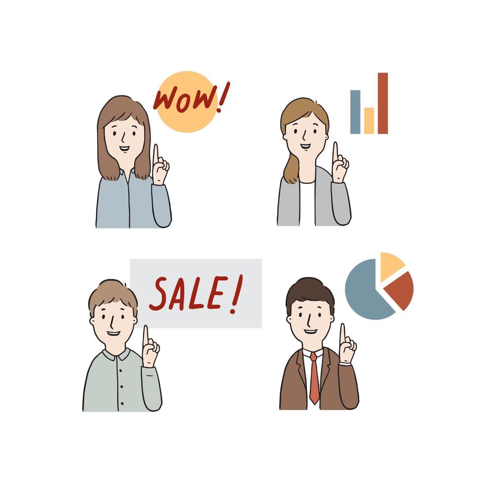 Hand drawn vector illustration of people pointing up something. businessman point the finger to chart and pie graph. Young guy with Sale and Wow text on white background.