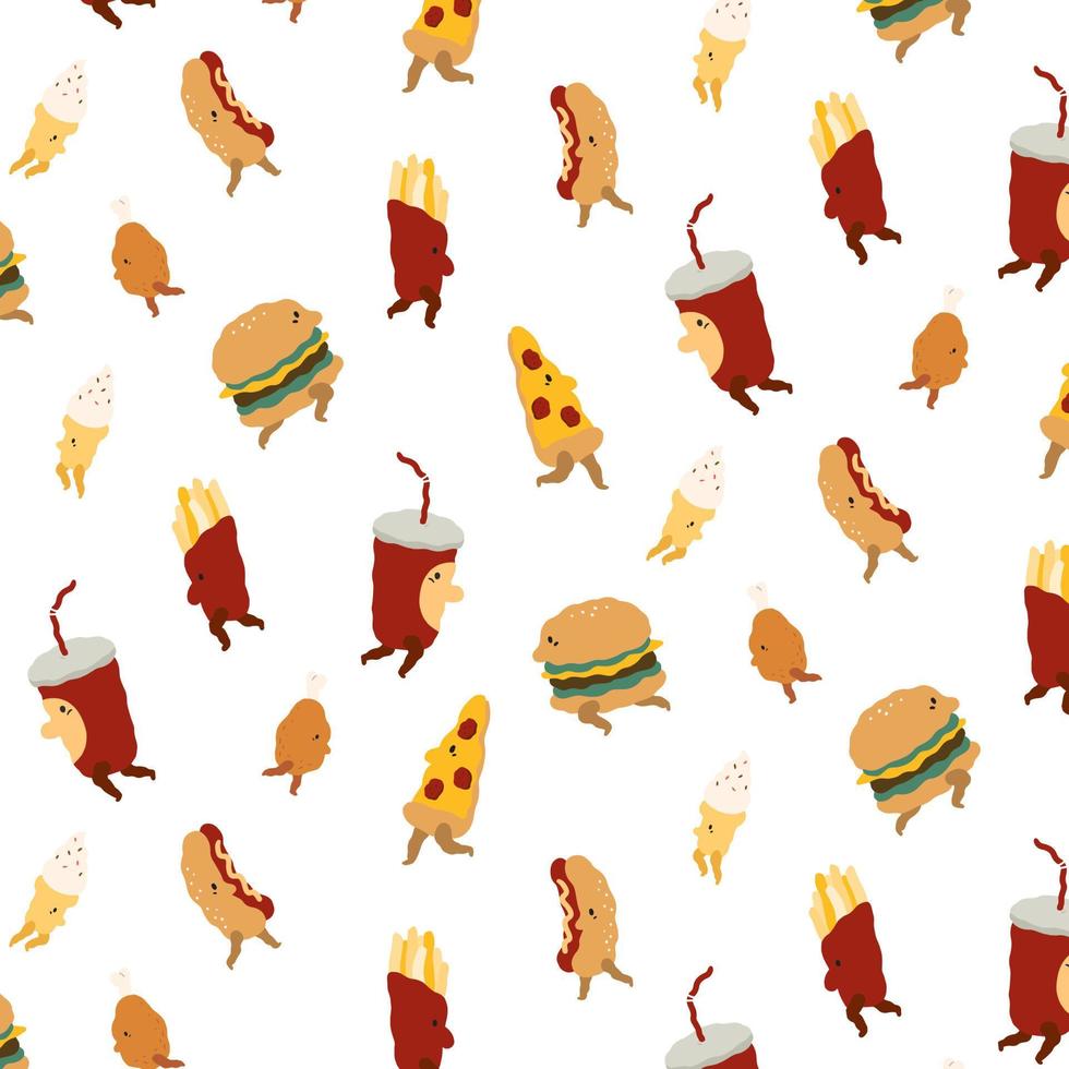 vector pattern with pizza,hamburger,french fries,fried chicken,ice cream,hotdog,soda drink on white background.Hand drawn illustration.Fast food characters walk in cartoon style.