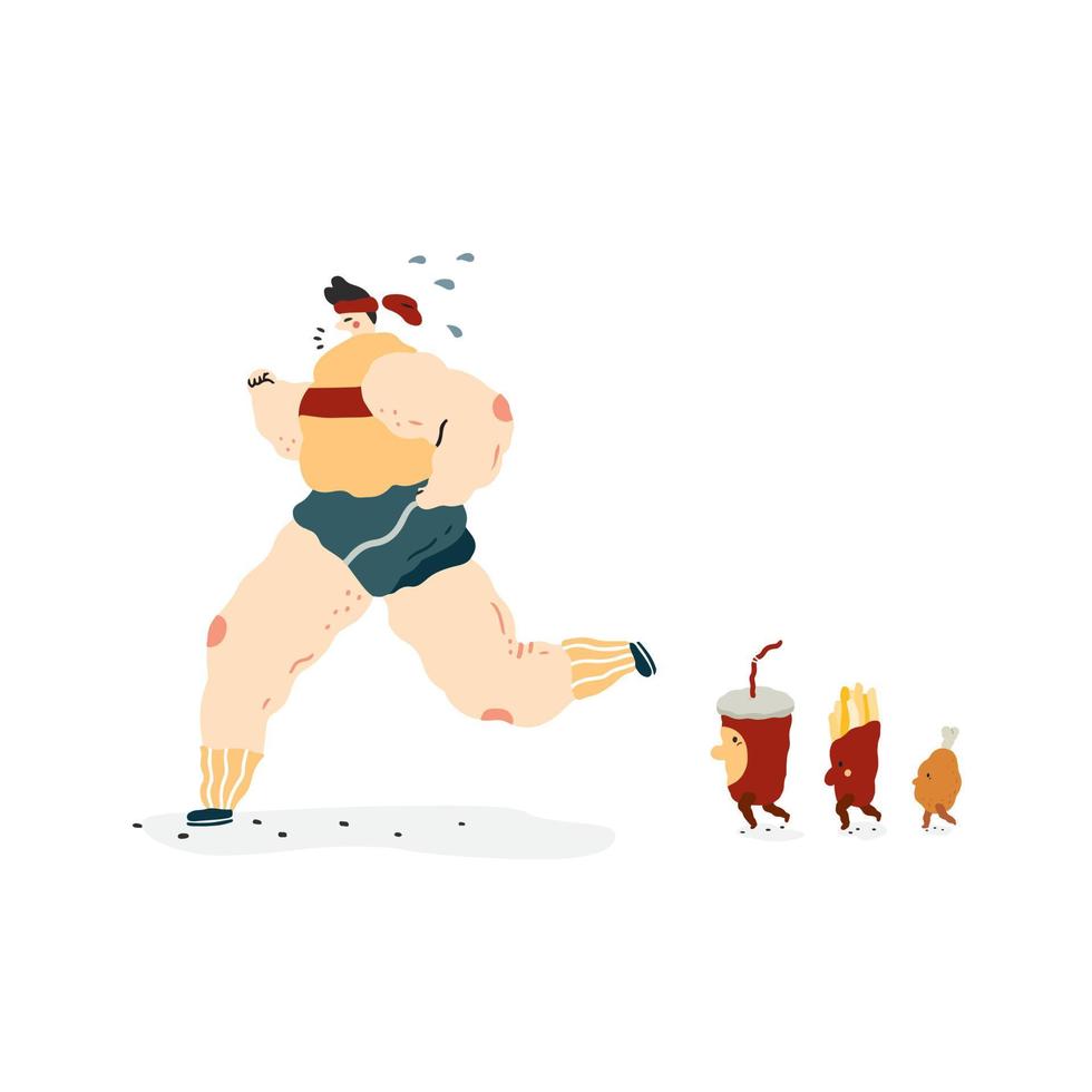 ilustración vectorial dibujada a mano de personajes de comida rápida que caminan siguen a la gente gorda corriendo. bebida gaseosa, caja de papel de papas fritas y pollo frito al estilo de las caricaturas. vector