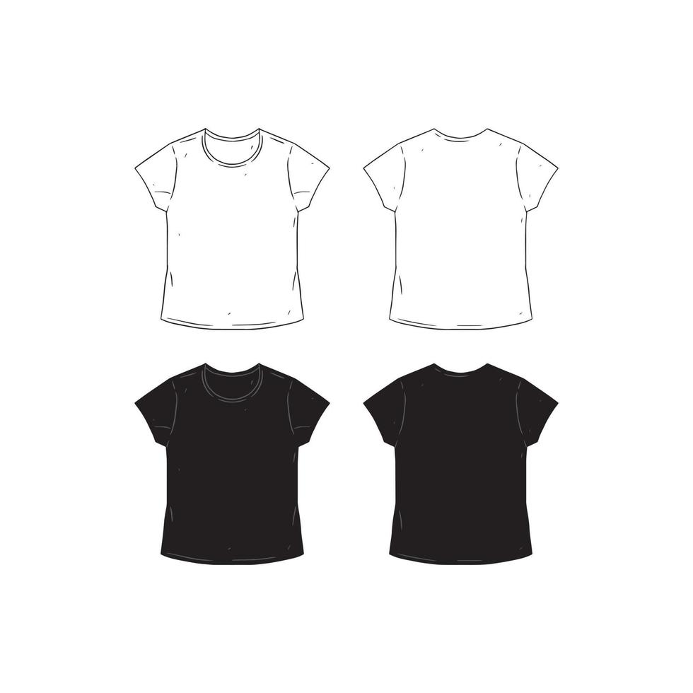 Set of blank T-shirt design template hand drawn vector illustration. Front and back shirt sides. White and black female t-shirt on white background.