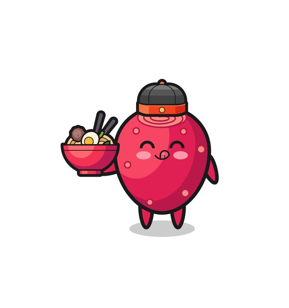 higo chumbo como mascota del chef chino sosteniendo un tazón de fideos vector