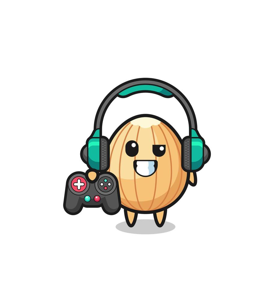 almond gamer mascot holding a game controller vector