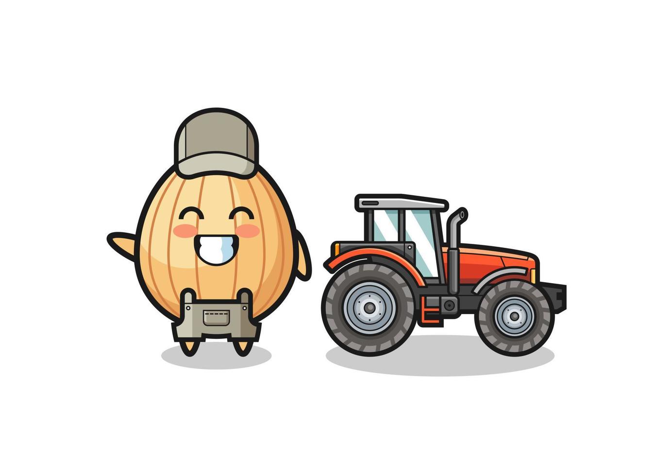 the almond farmer mascot standing beside a tractor vector