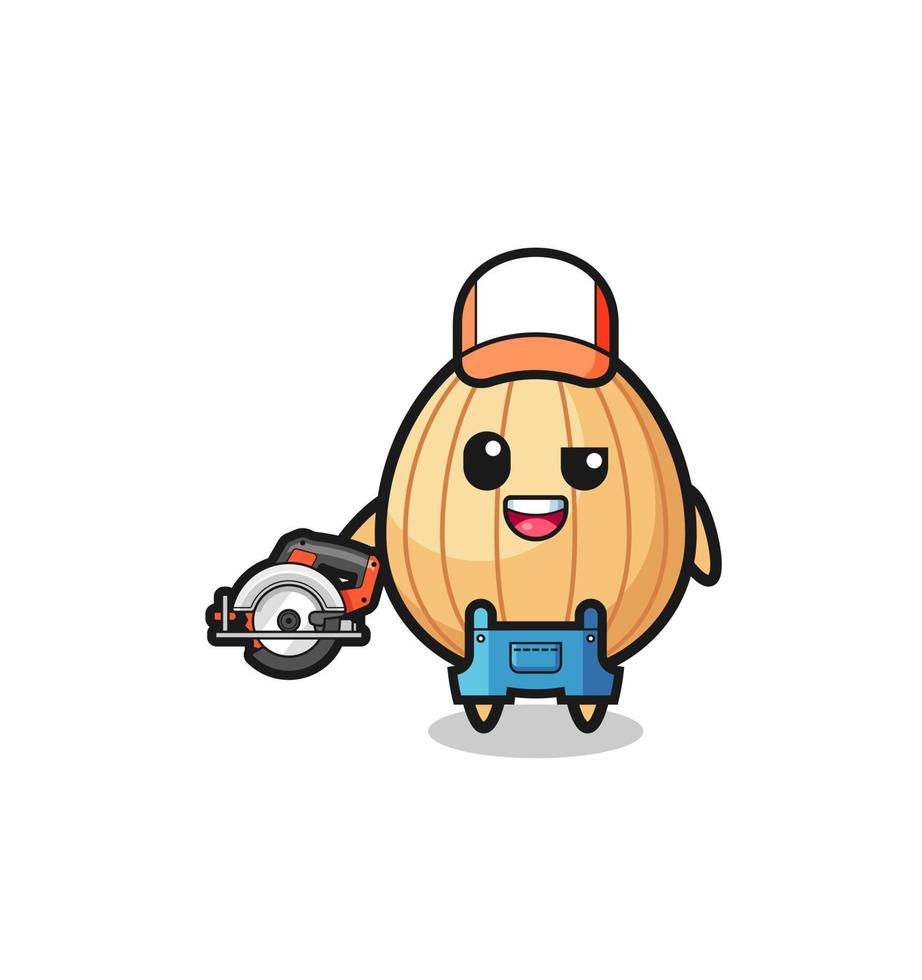 the woodworker almond mascot holding a circular saw vector