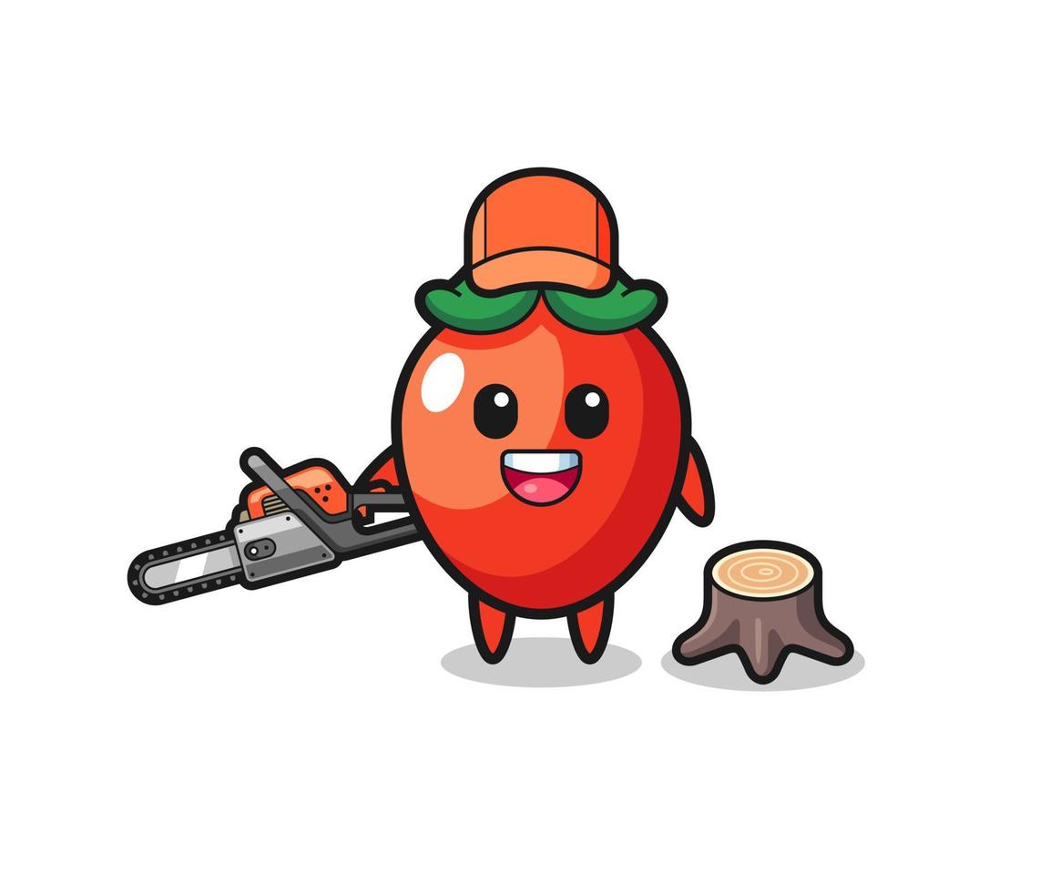 chili pepper lumberjack character holding a chainsaw vector