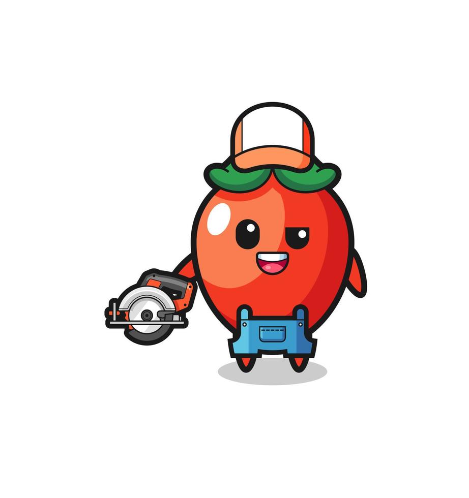 the woodworker chili pepper mascot holding a circular saw vector