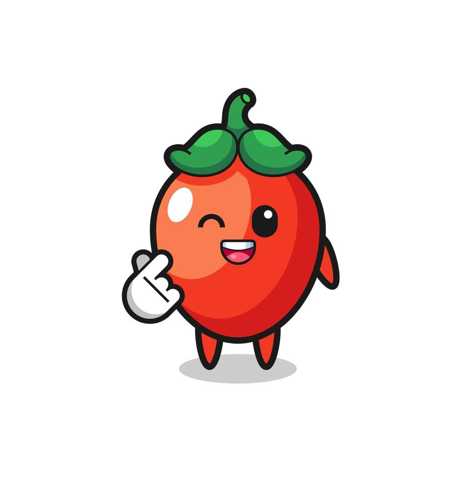 chili pepper character doing Korean finger heart vector