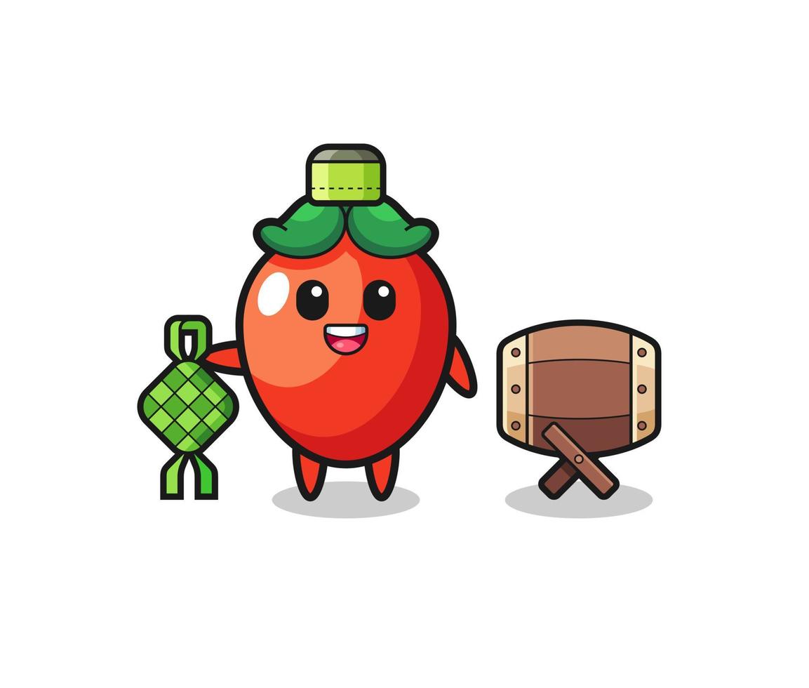 chili pepper muslim character are celebrating Eid Al Fitr vector