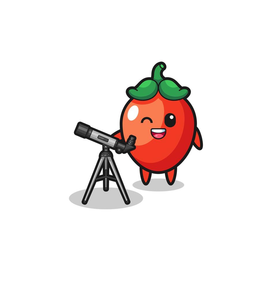 chili pepper astronomer mascot with a modern telescope vector