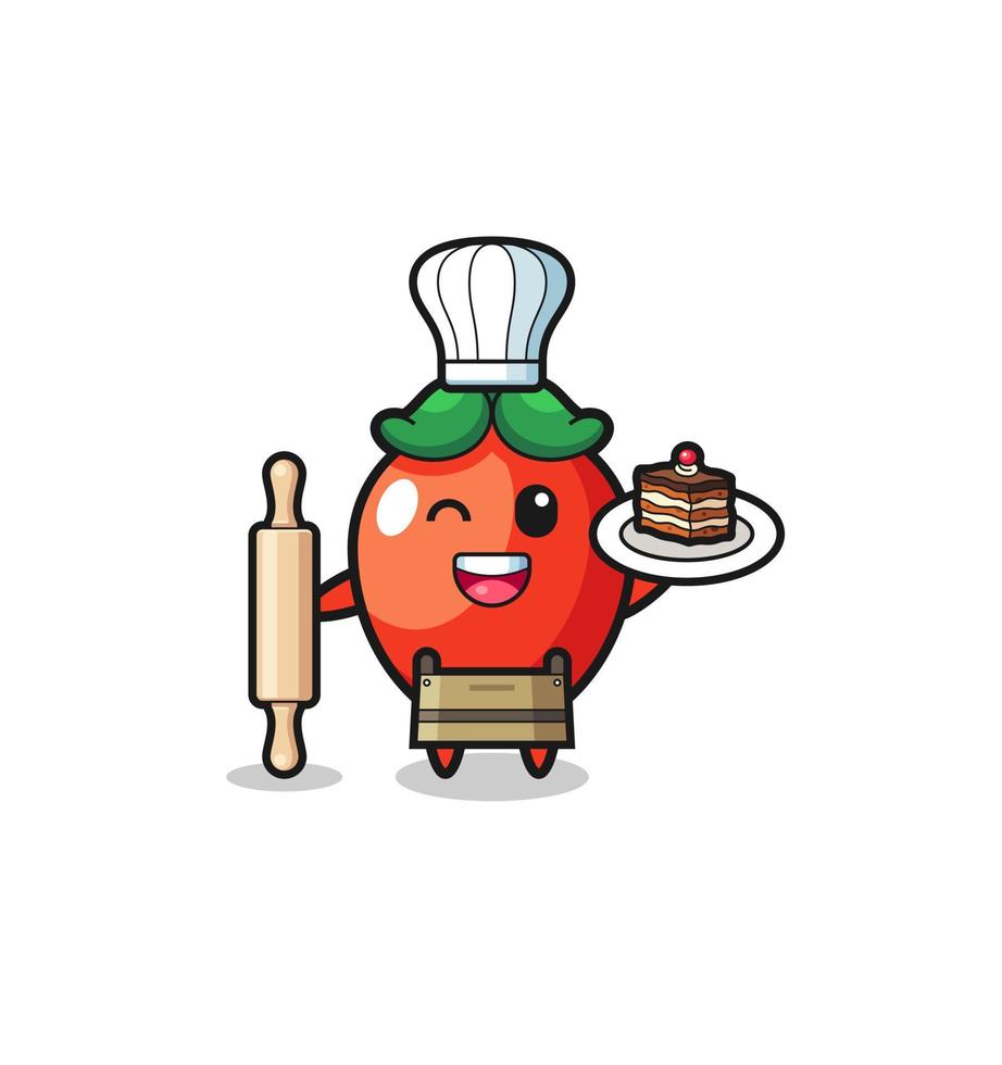 chili pepper as pastry chef mascot hold rolling pin vector