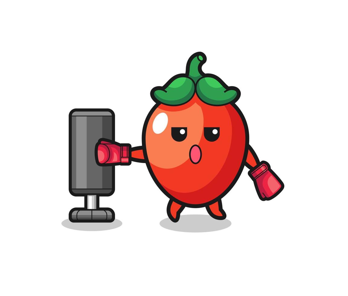 chili pepper boxer cartoon doing training with punching bag vector