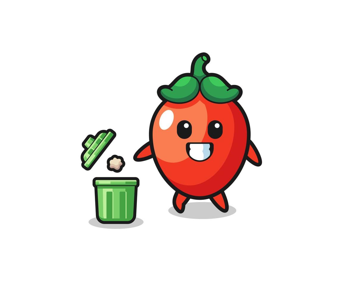 illustration of the chili pepper throwing garbage in the trash can vector