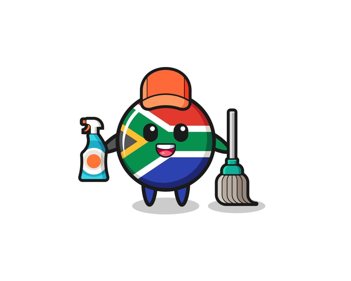 lindo personaje de la bandera de sudáfrica como mascota de los servicios de limpieza vector