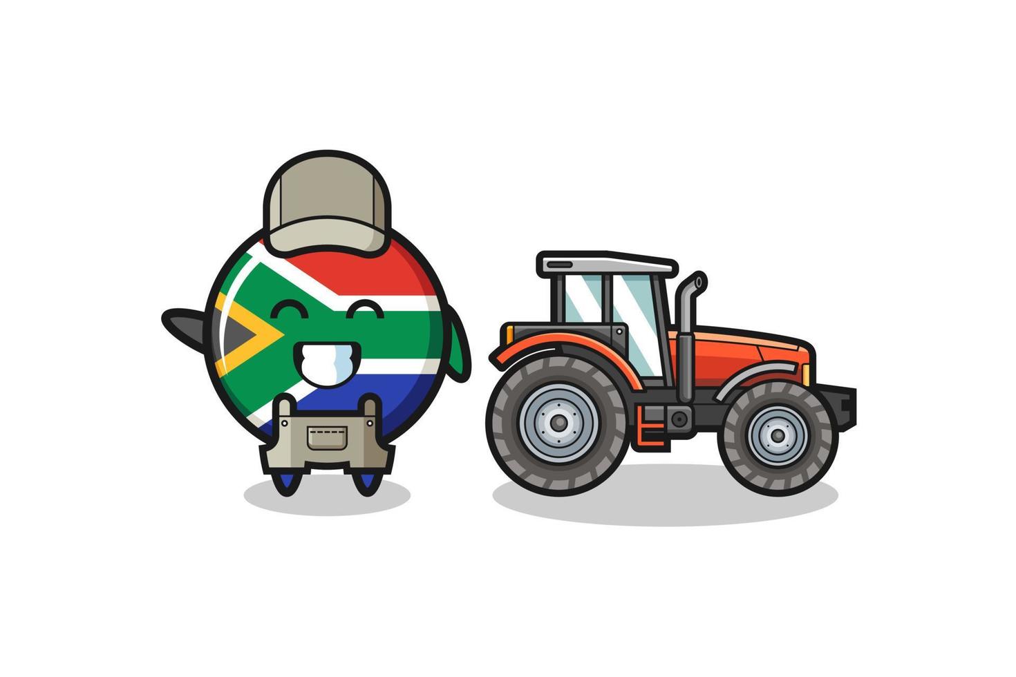 the south africa flag farmer mascot standing beside a tractor vector