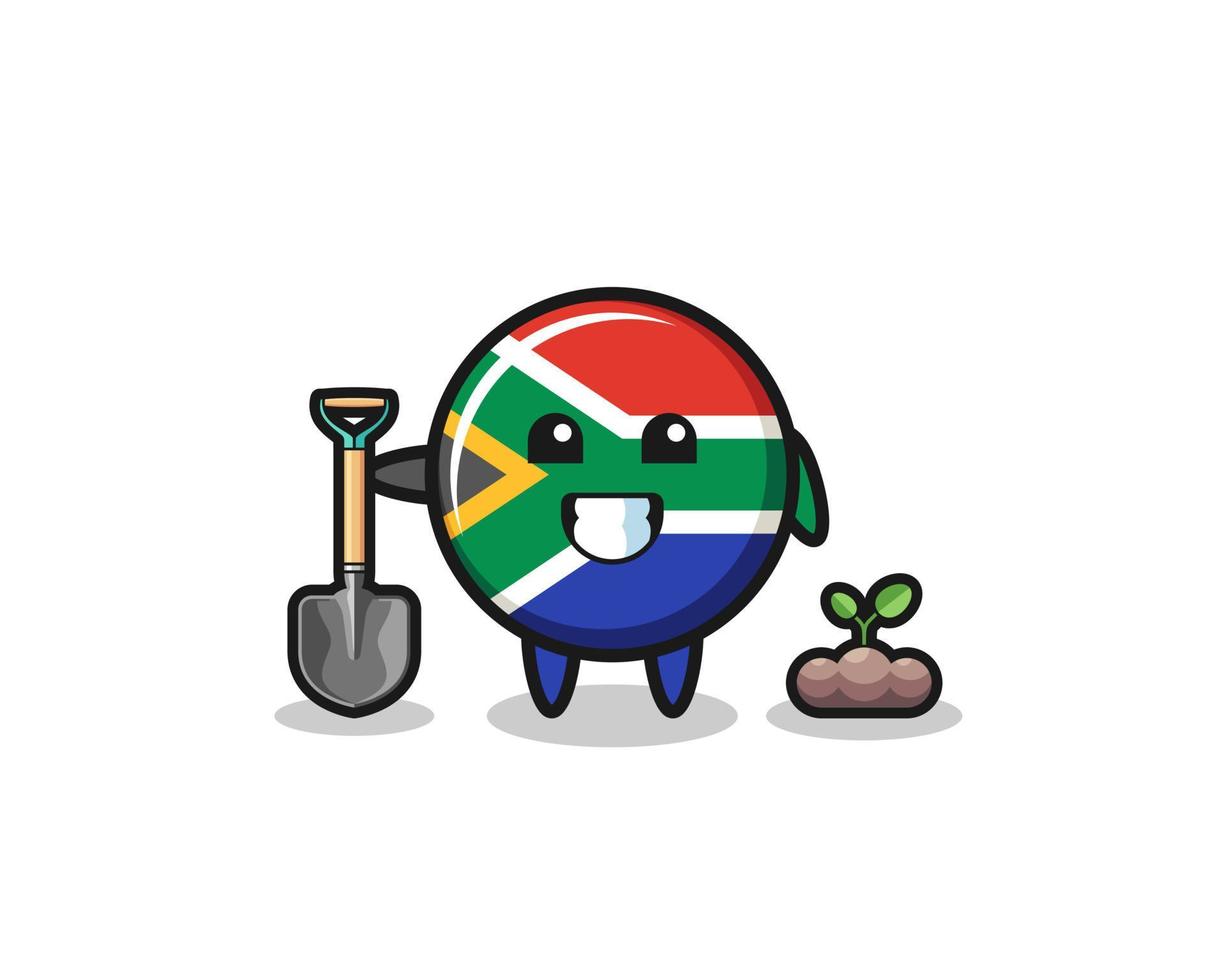 linda caricatura de la bandera de sudáfrica está plantando una semilla de árbol vector