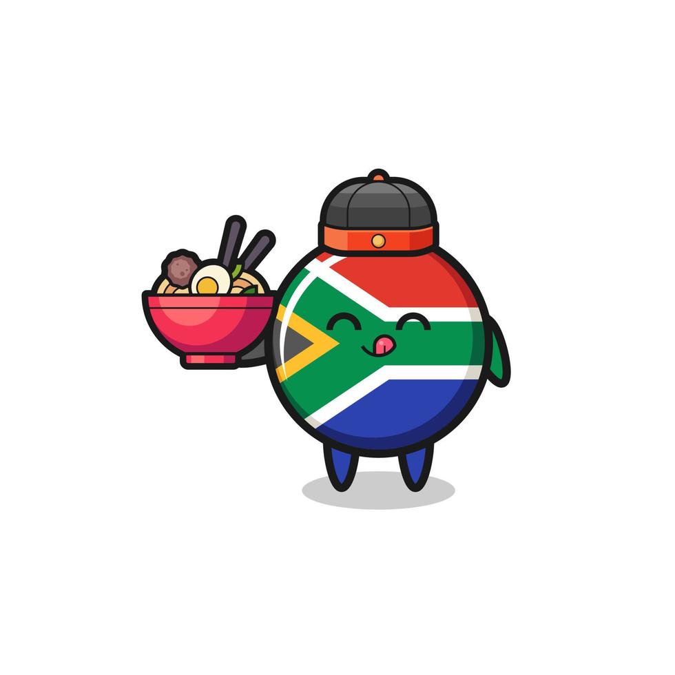 bandera de sudáfrica como mascota del chef chino sosteniendo un tazón de fideos vector