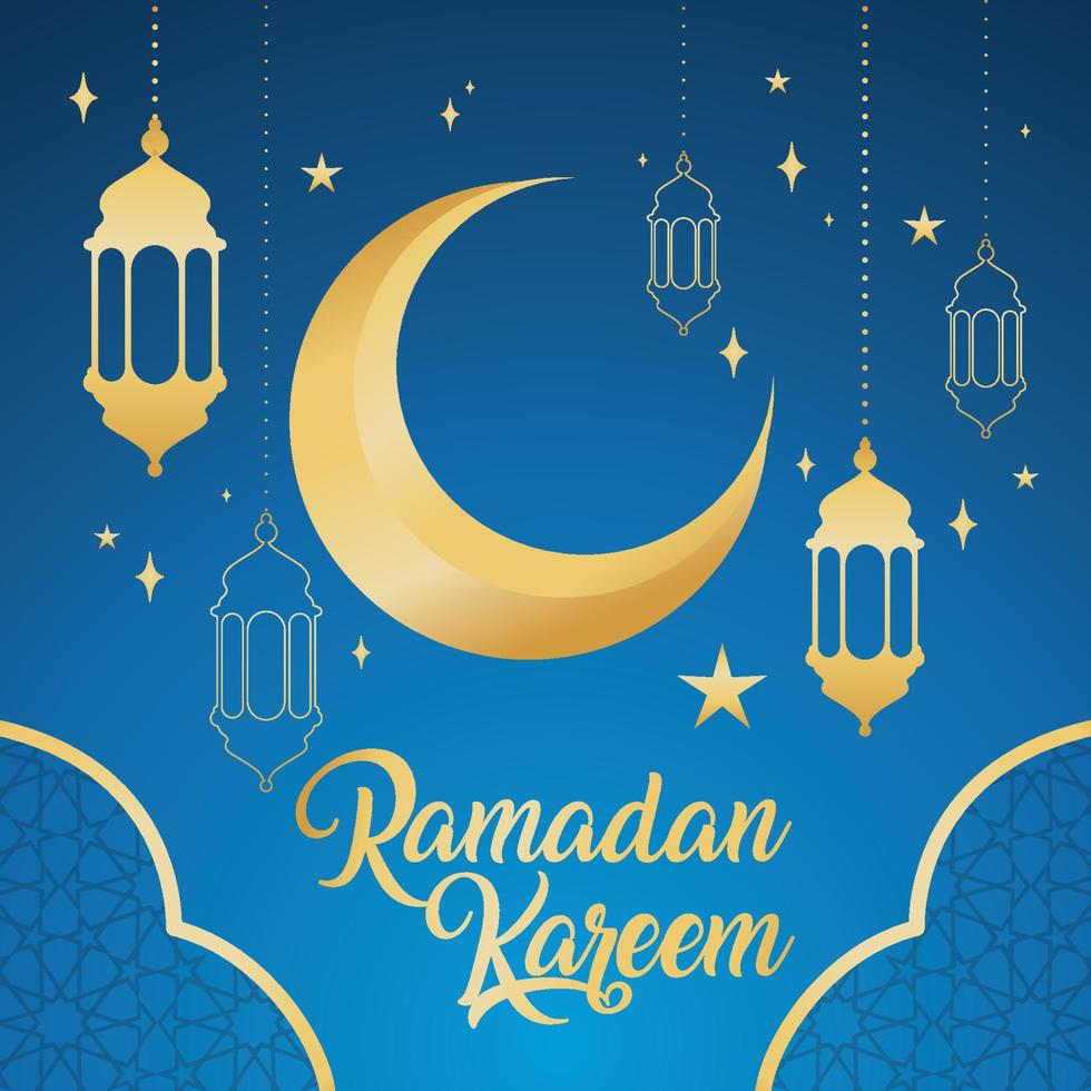 Golden crescent moon and arab lanterns Ramadan kareem template Vector