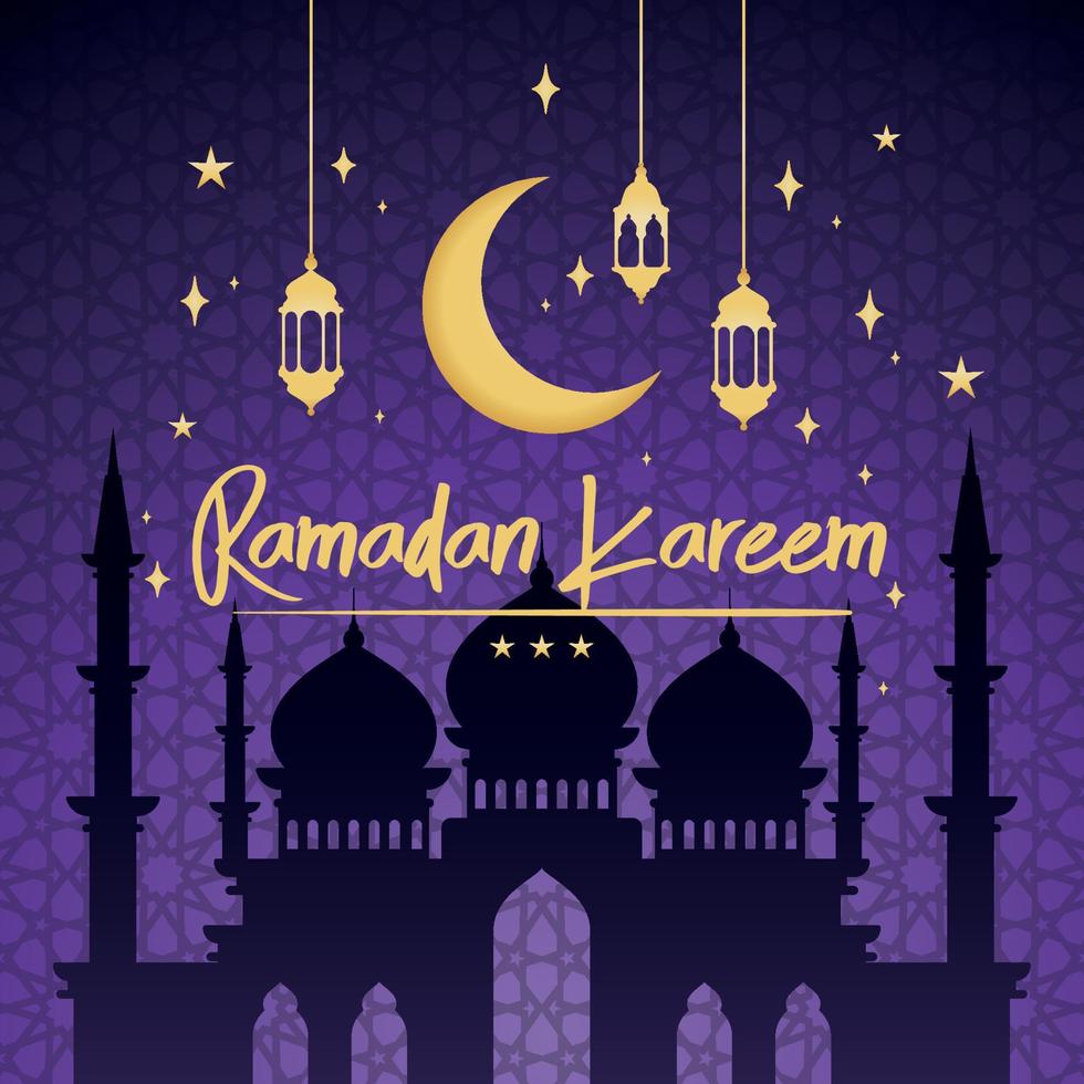 Arab mosque silhouette Golden crescent moon and lamps Ramadan Kareem Vector