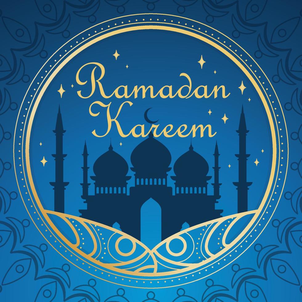 Silhouette of an arab mosque on golden label Ramadan Kareem pattern Vector