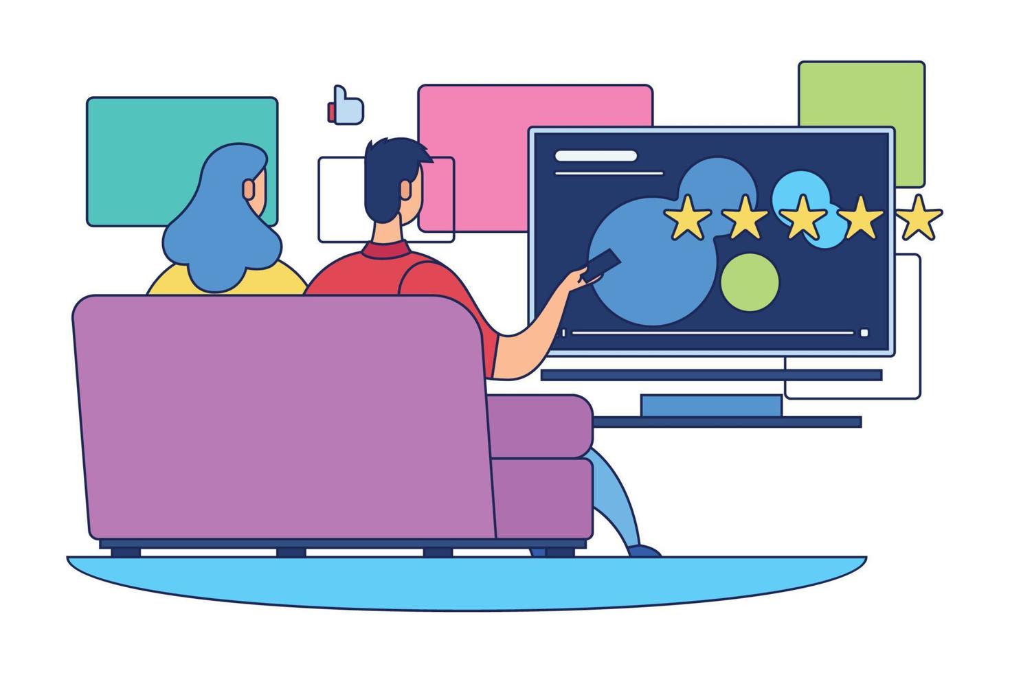 Streaming service concept image Couple on couch with tv remote control Vector