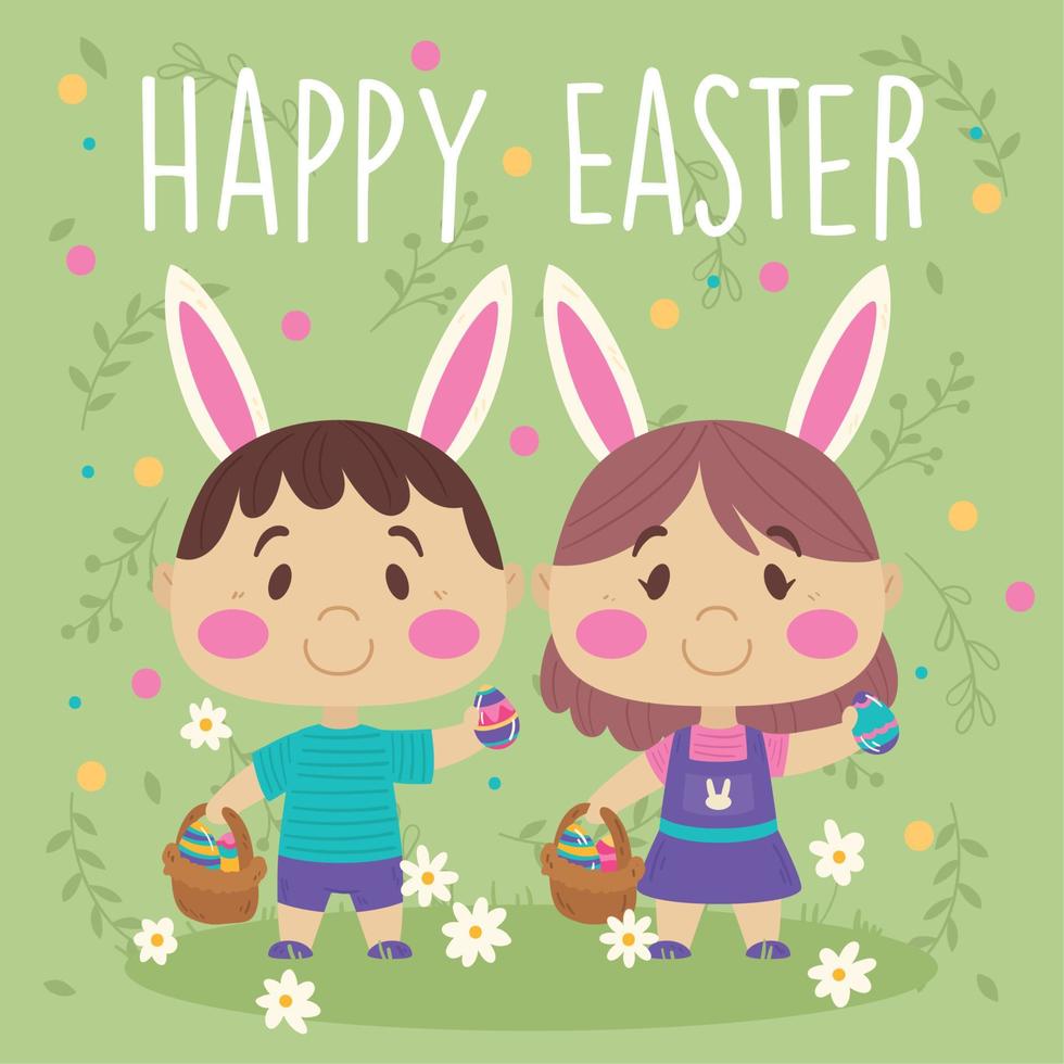 lindo par de niños con orejas de conejo y huevos de pascua vector de semana de pascua