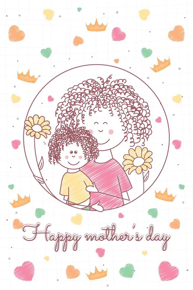 Portrait of a mother and kid Happy mothers day card Vector