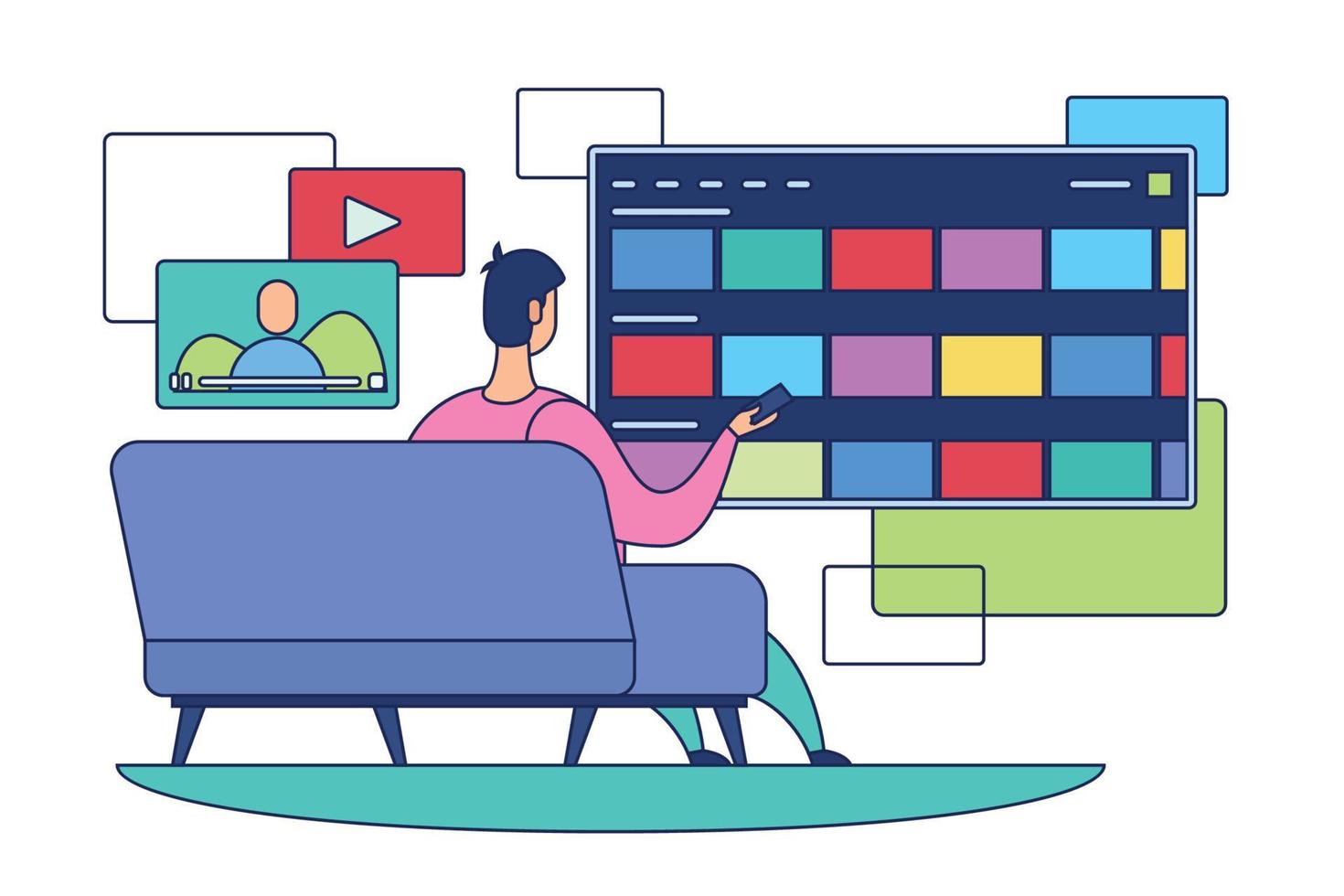 Streaming service concept image Man on couch with tv control Vector