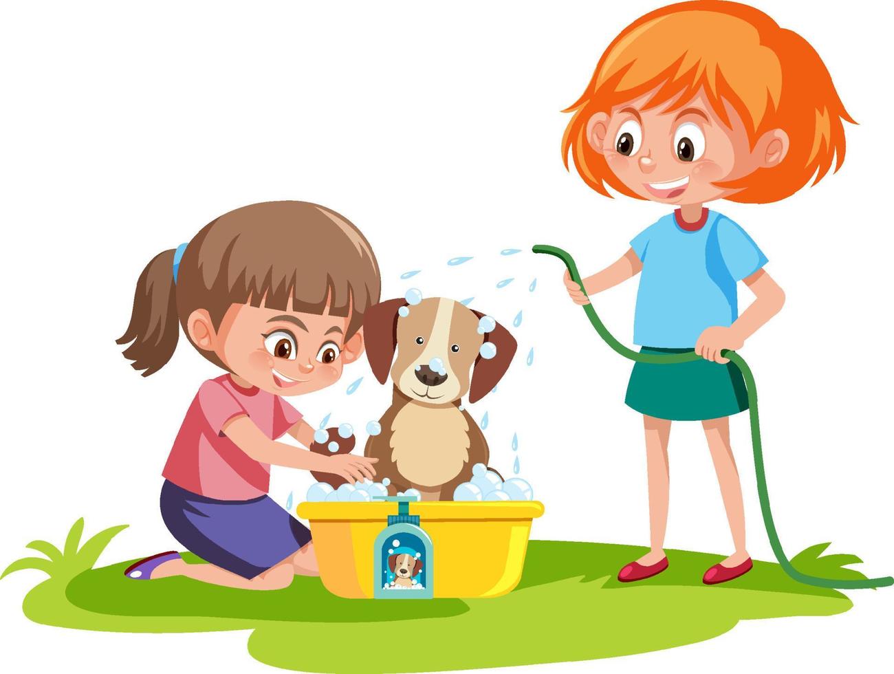Cute dog take a bath with two little girl vector
