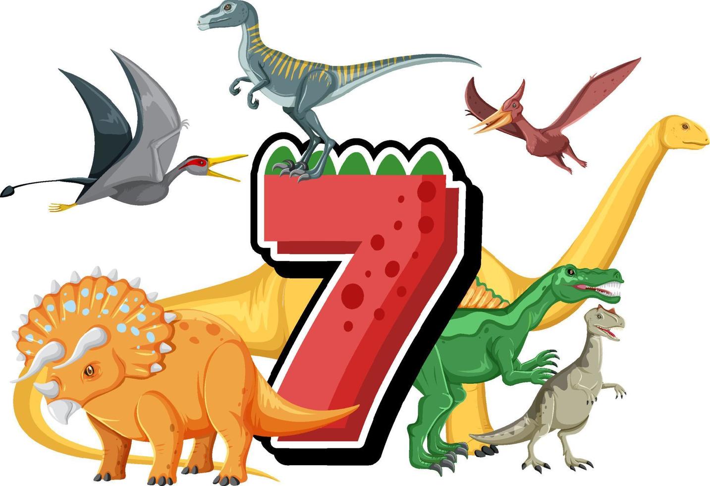 Seven dinosaurs with number seven cartoon vector