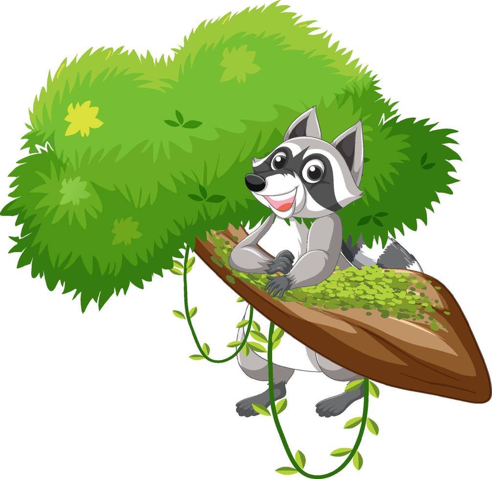 Cute raccoon hanging on tree branch vector