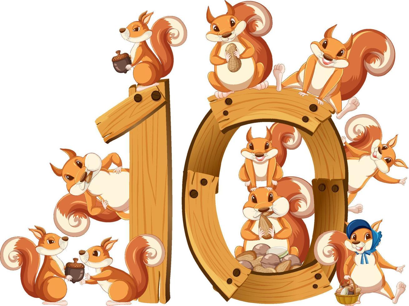 Ten squirrel attached to number ten vector