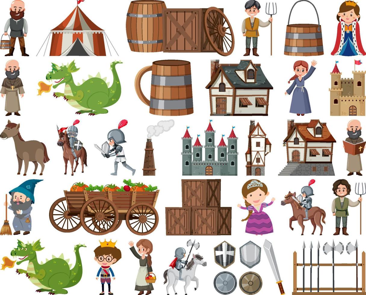 Medieval characters buildings set vector