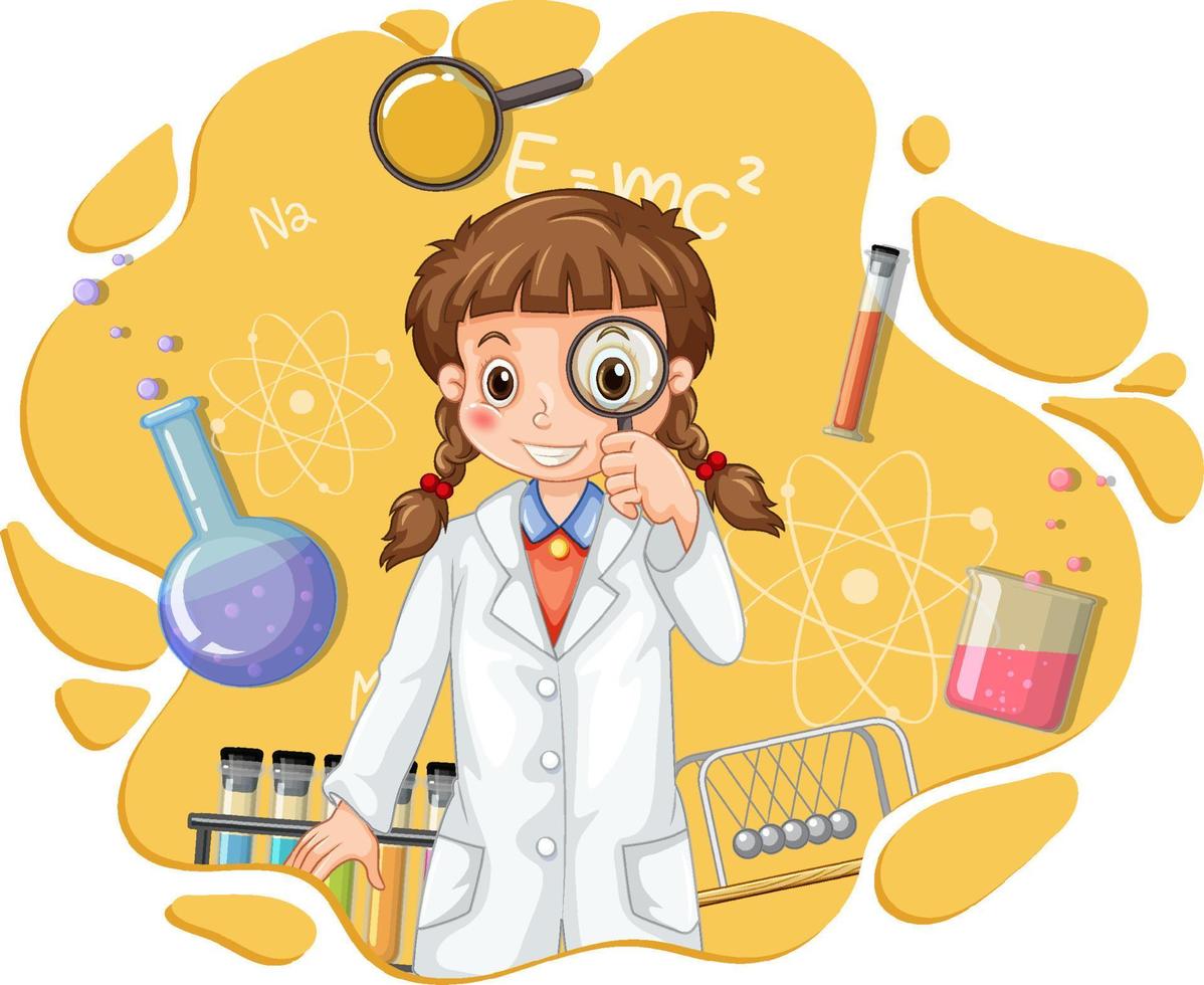 personaje de dibujos animados de niña científica con equipos de laboratorio vector