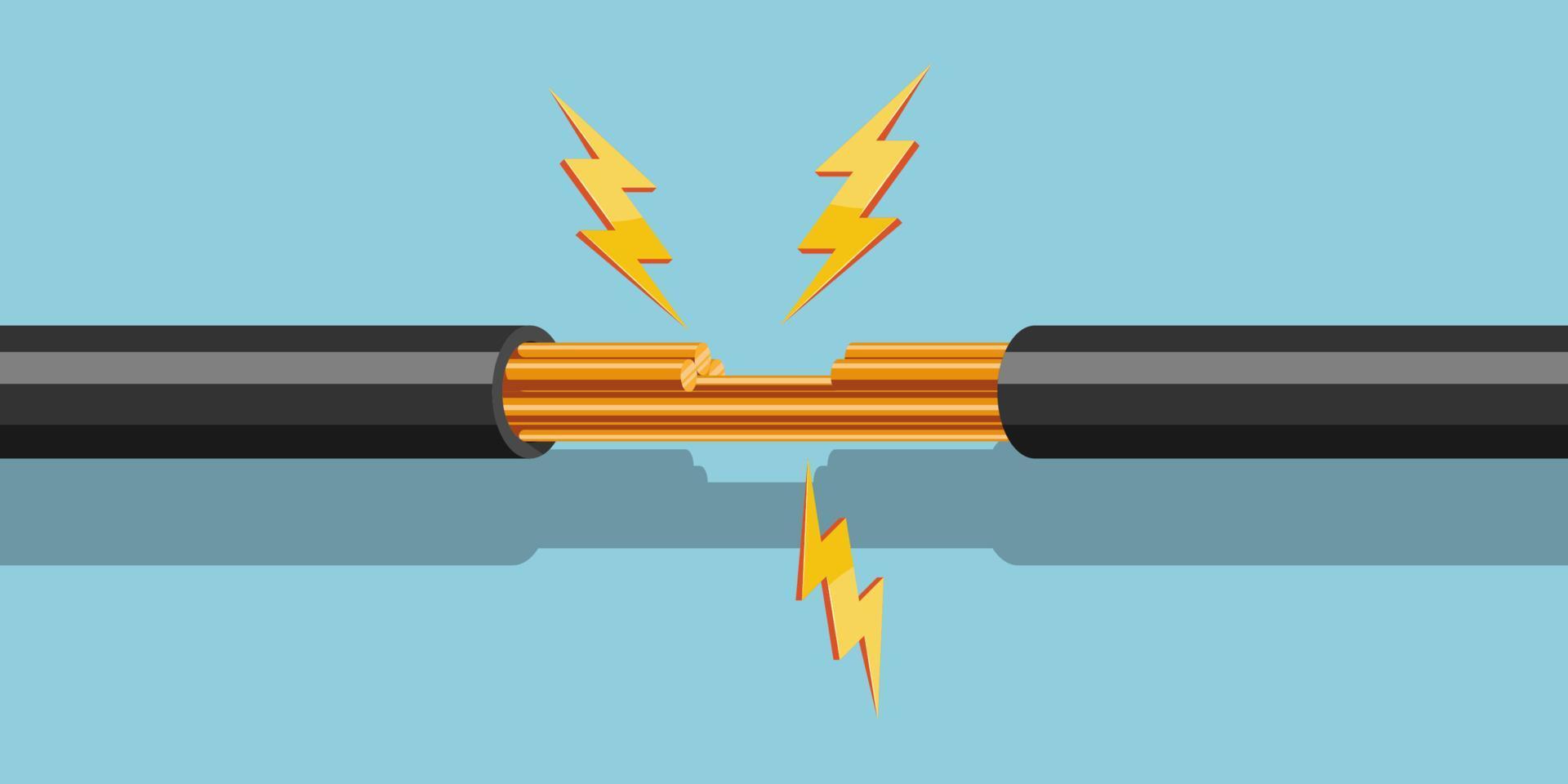 illustration of a cable that is peeling dangerously causing a short circuit. vector