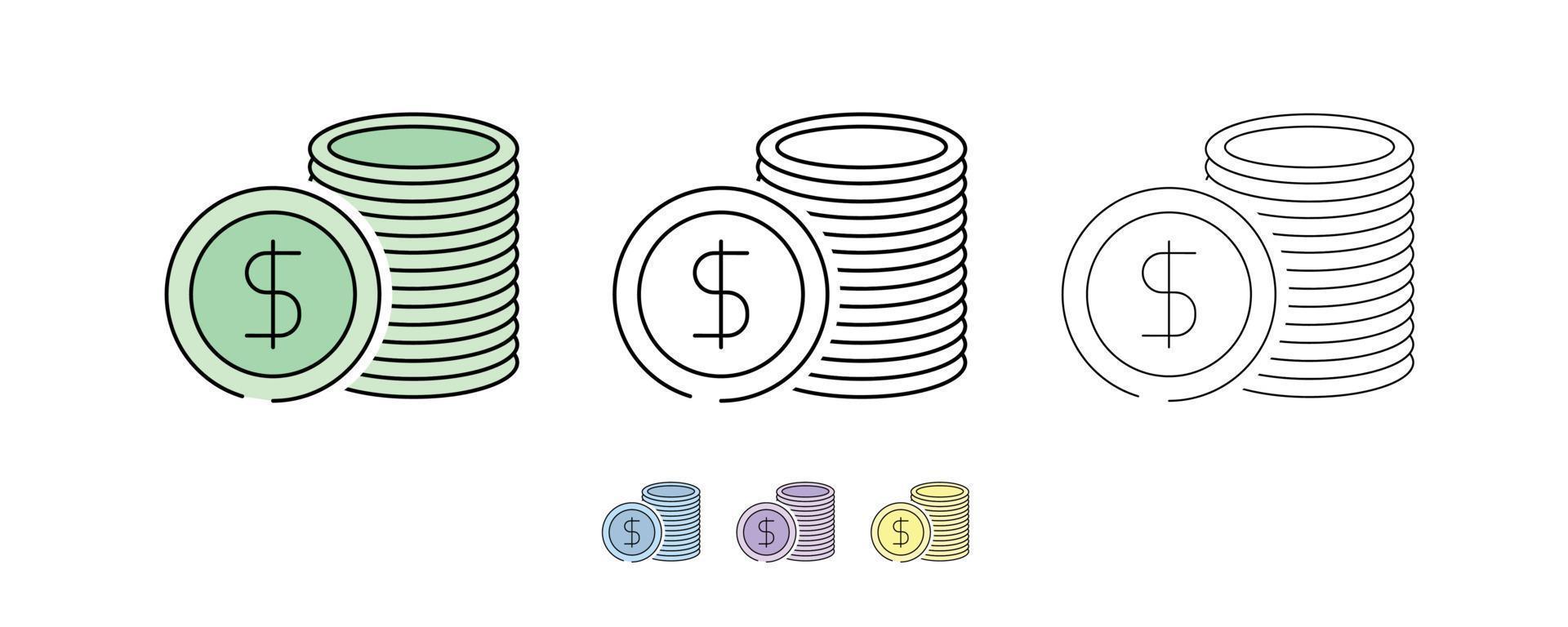 3-coin icon set. Dollar savings earning money, economic money value. Icon set in different colors and different thickness. Money line icons set vector illustration. Modern line art.