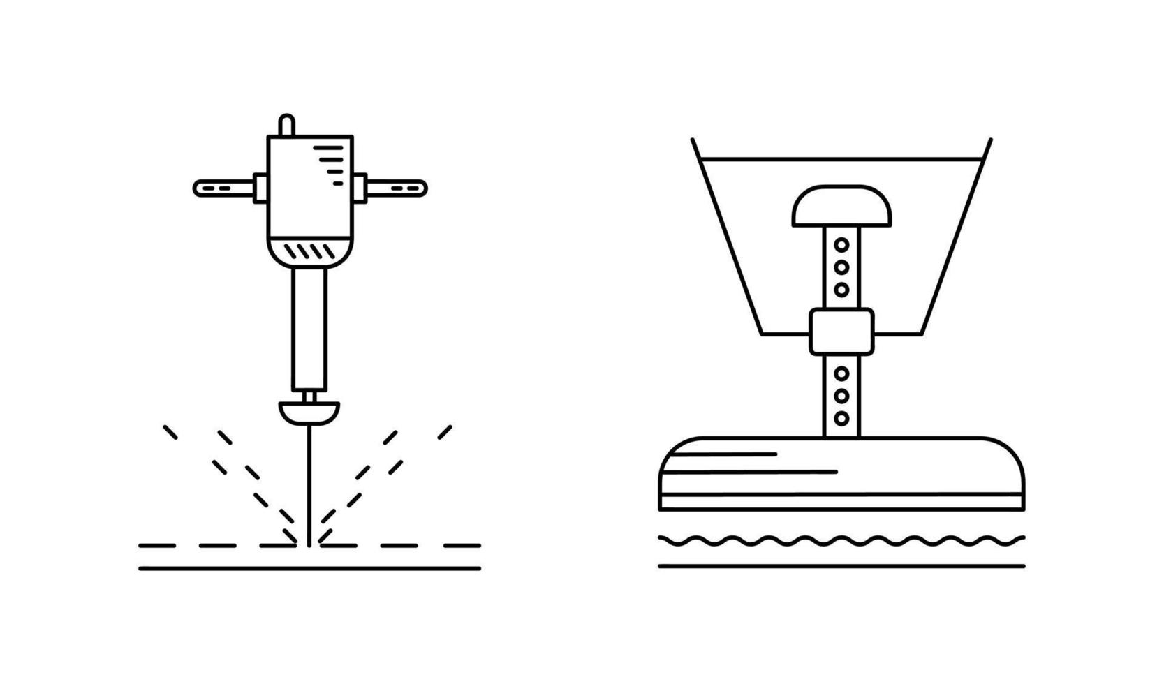 conjunto de iconos de máquinas perforadoras e innovadoras. iconos de ingeniería civil. iconos de herramientas de perforación y corte de tierra sobre fondo blanco. ilustración de vector de arte de línea técnica. conjunto de líneas editables.