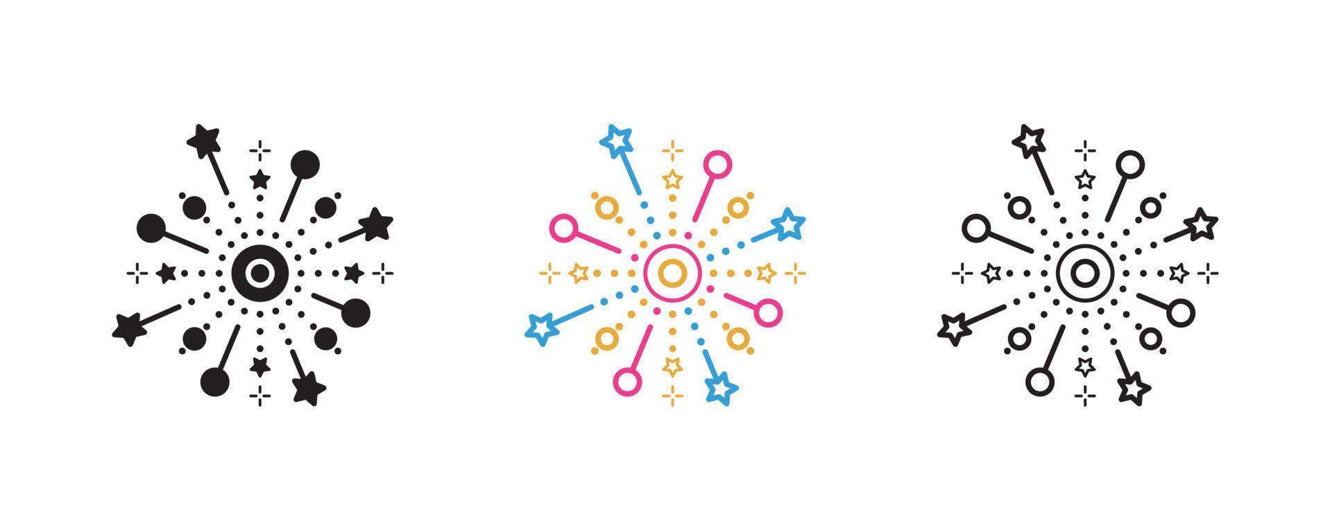 Festive fireworks icon set. Explosion carnival line icon. Festival and event icon set. Silhouette, colorful and linear set. vector