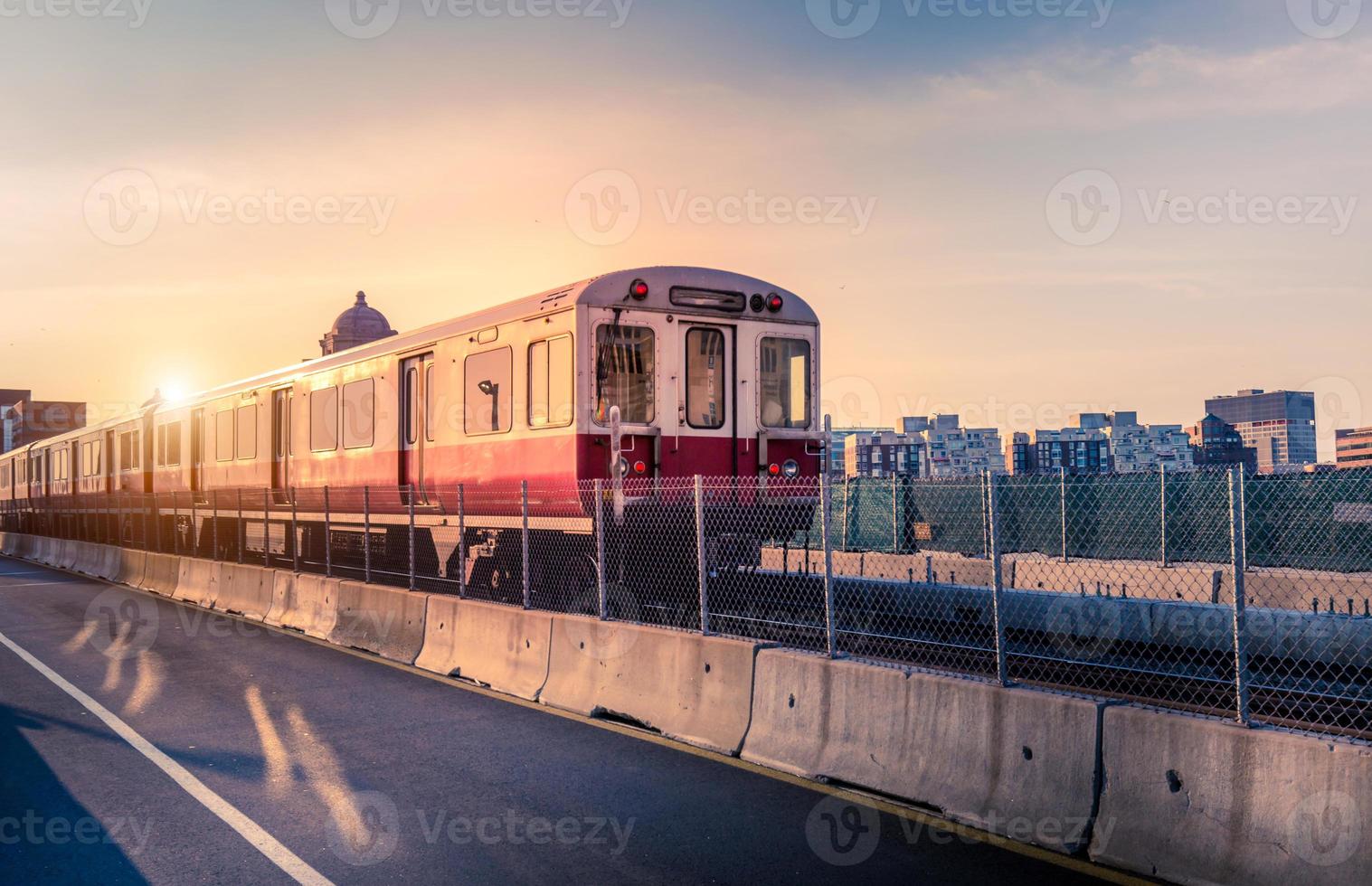 Boston subway lines, train crossing Longfellow bridge over scenic Charles river photo