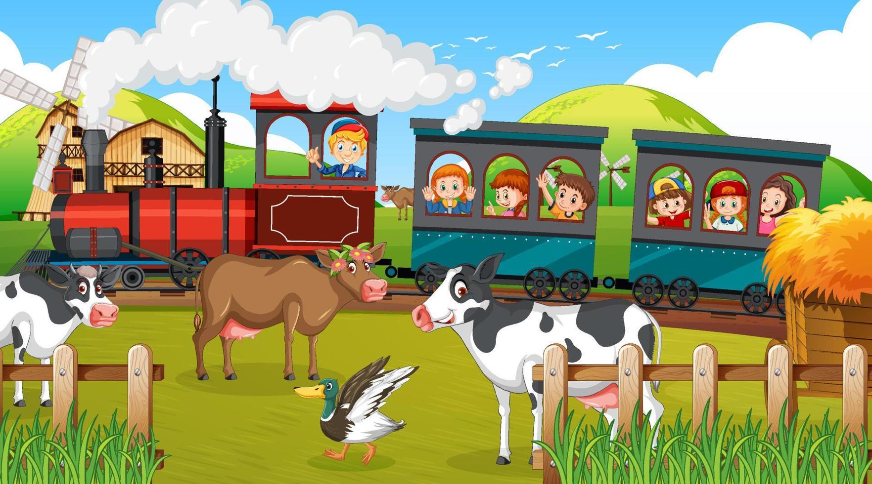 Train riding with children in the countryside vector